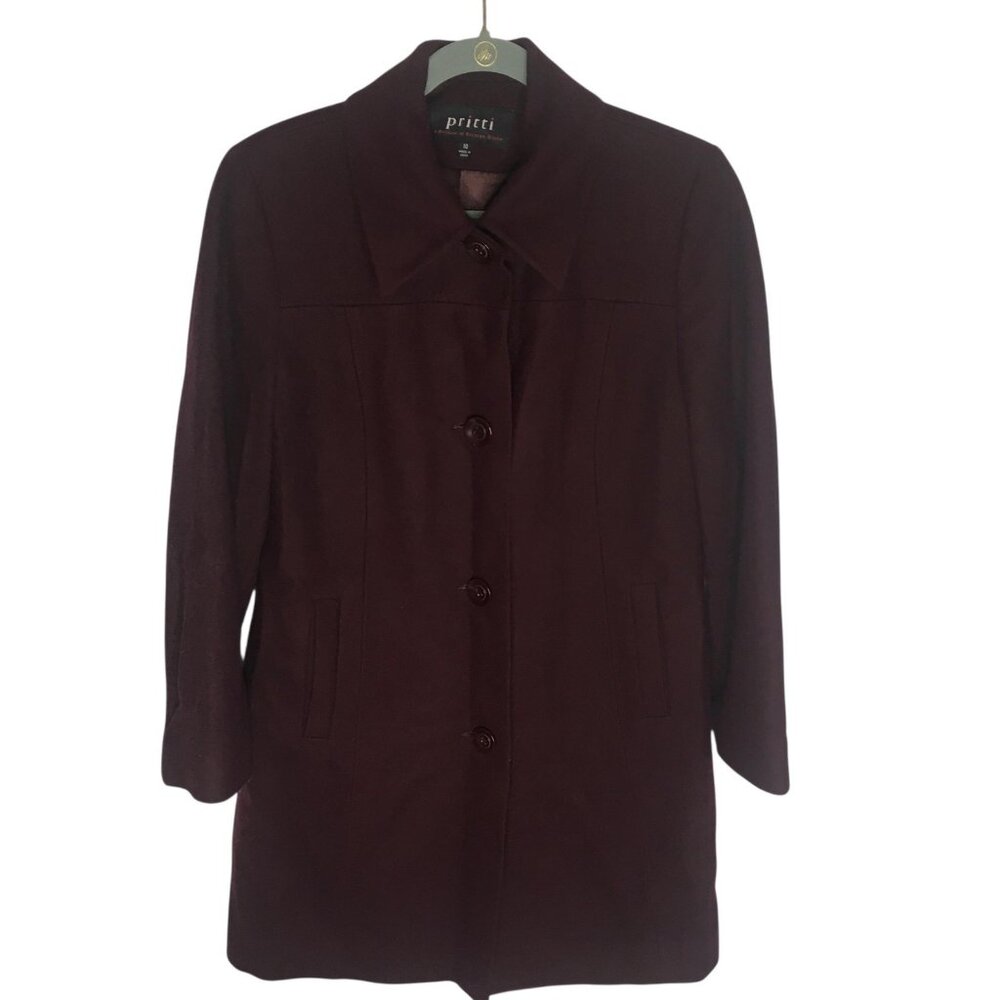 Burgundy Wool Blend 
Coat Womens 10 Button Front Lined Classic Dressy
